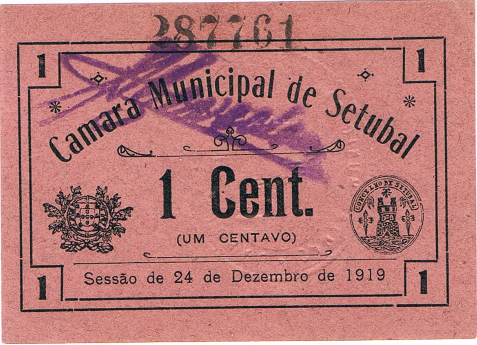 CÉDULA DA CÂMARA MUNICIPAL DE SETÚBAL 1 CENTAVO - Portugal