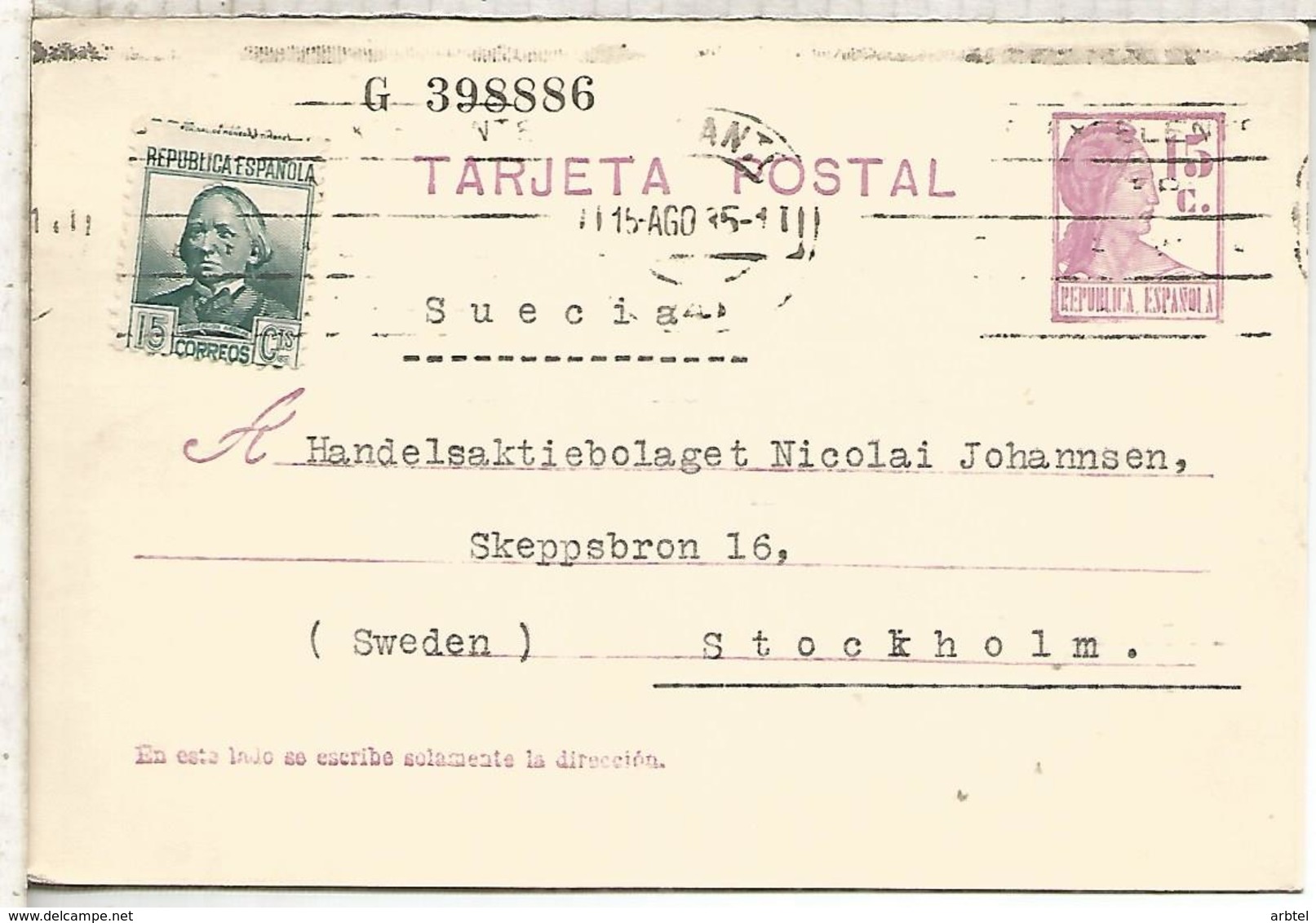 ESPAÑA ENTERO POSTAL II REPUBLICA DE ALICANTE A STOCKHOLM 1935 FRANQUEO ADICIONAL SERIE G - 1931-....