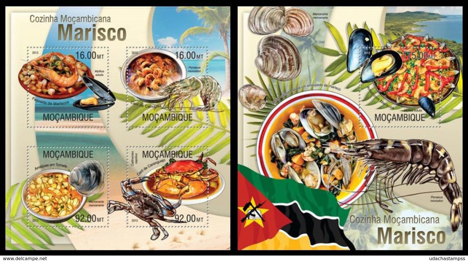 Mozambique 2013, Mozambican Cuisine, Shrimps, Crabs, Klb + S/s MNH - Mozambique