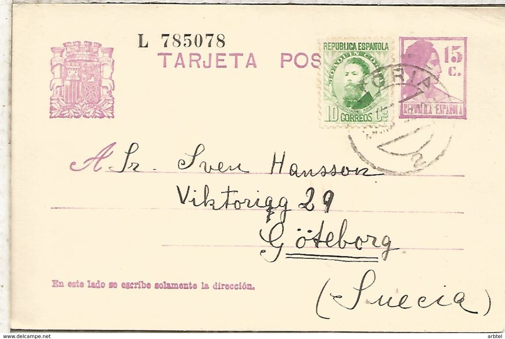 ESPAÑA ENTERO POSTAL II REPUBLICA DE VITORIA A GOTEBORG SUECIA 1933 FRANQUEO ADICIONAL - 1931-....