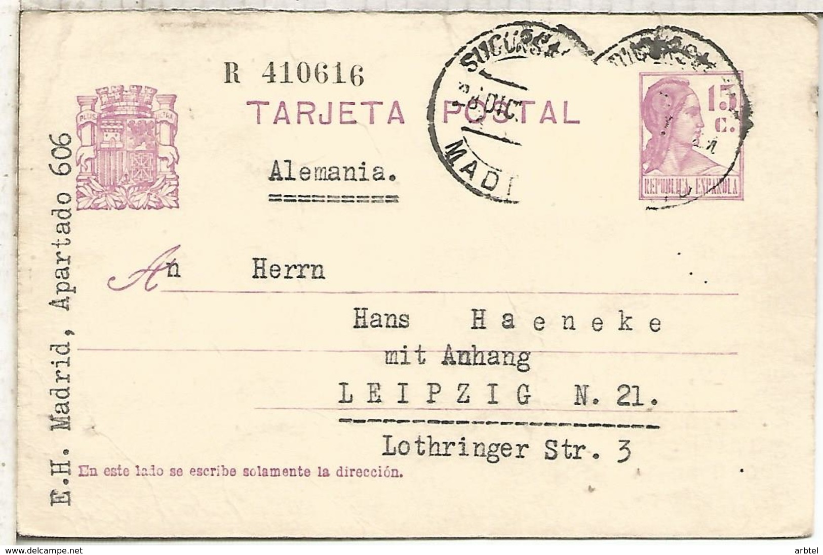 ESPAÑA ENTERO POSTAL II REPUBLICA DE MADRID A LEIPZIG 1933 SERIE R - 1931-....