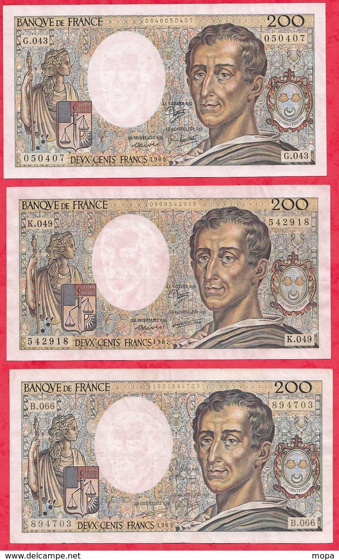 France 3 Billets 200 Francs "Montesquieu" -1986-XF/SUP+-----1987-VF/SUP--1989-F/TTB- (PETIT PRIX DE DEPART A SAISIR) - 200 F 1995-1999 ''Eiffel''