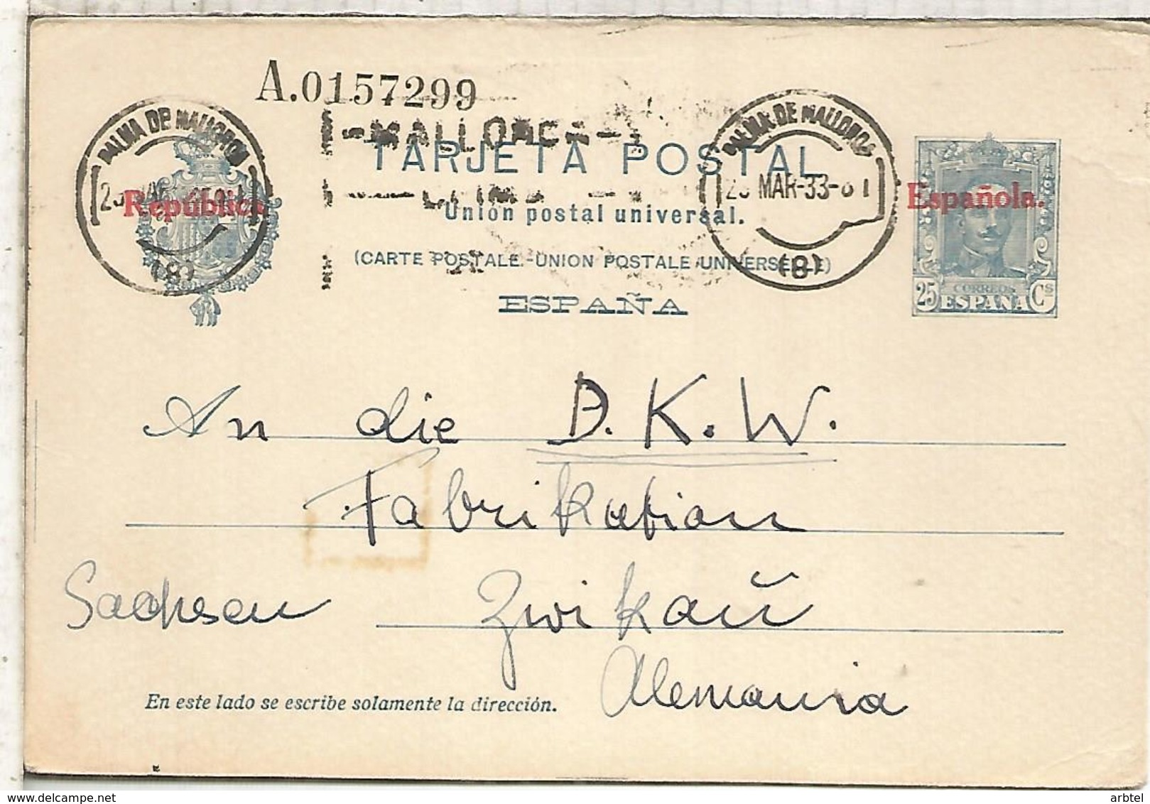 ESPAÑA ENTERO POSTAL II REPUBLICA ALFONSO XIII SOBRECARGADA PALMA MALLORCA A ZWIKAU - 1931-....