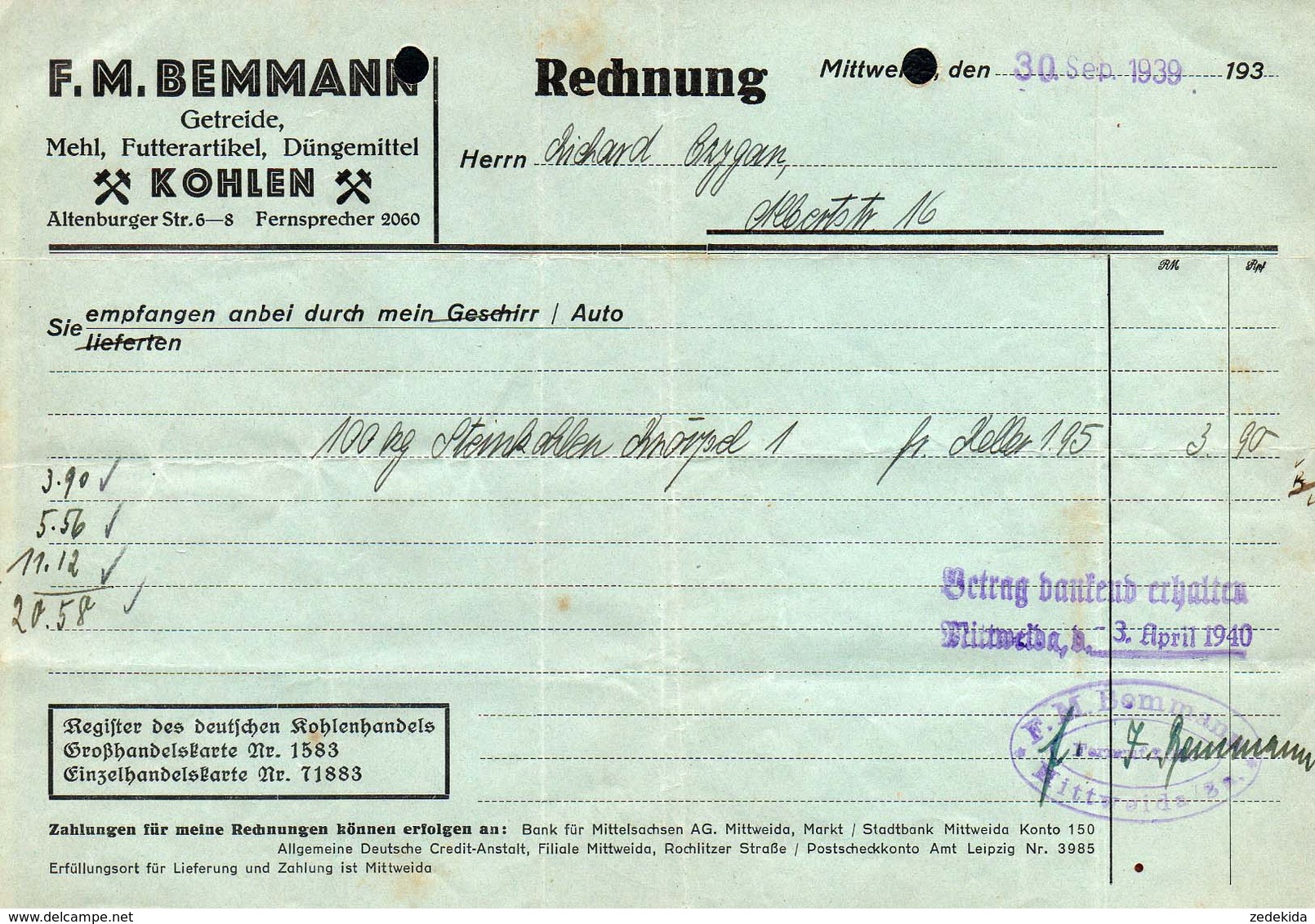 3576 - F.M. Bemmann Mittweida - Rechnung Stempel - Kohlehandel - 1900 – 1949