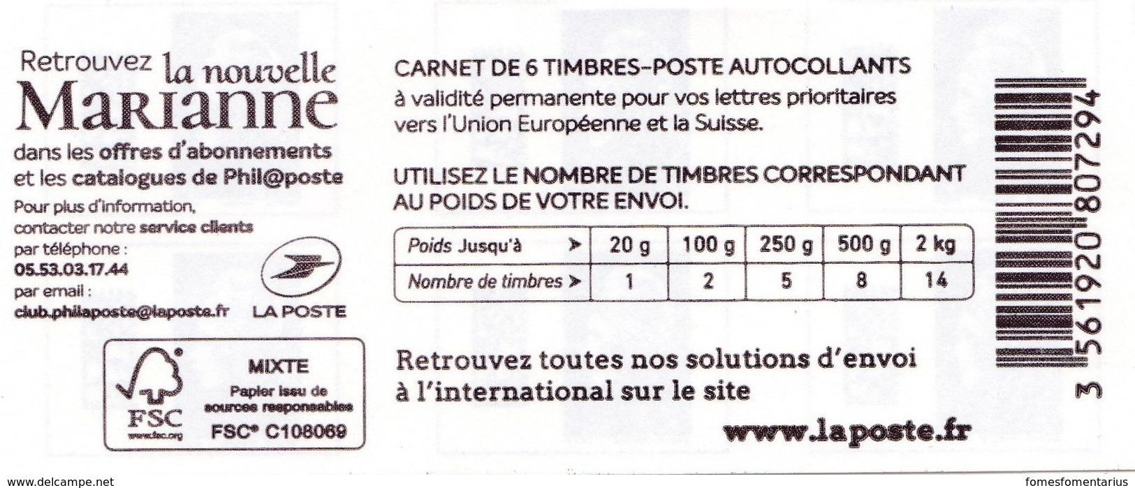 Carnet N° 1213-C2 Neuf** 6 Timbres à Validité Permanente Pour L' Europe (avant 2019) à Prix Coutant - Autres & Non Classés