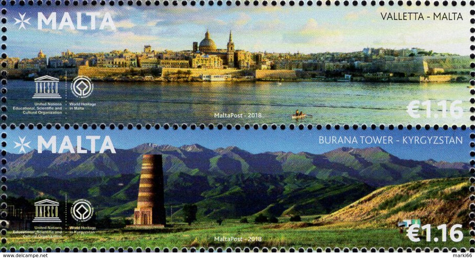 Malta - 2018 - UNESCO World Heritage - Valletta City And Burana Tower - Joint Issue With Kyrgyzstan - Mint Stamp Set - Malta