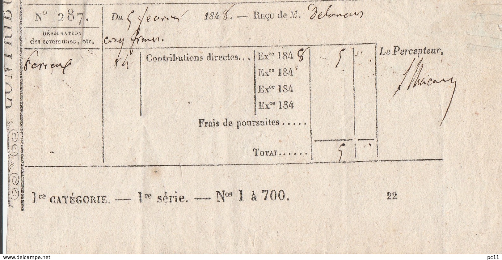 - YONNE - Commune De PERREUX : Reçu N°287 Du 5 Février 1848 Des Contributions Directes  - - Manuscrits