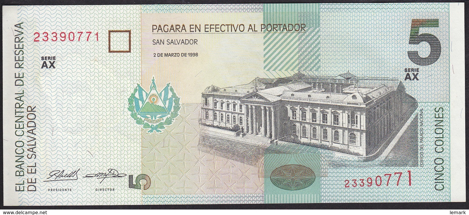 El Salvador 5 Colones 1998 P147 UNC - El Salvador