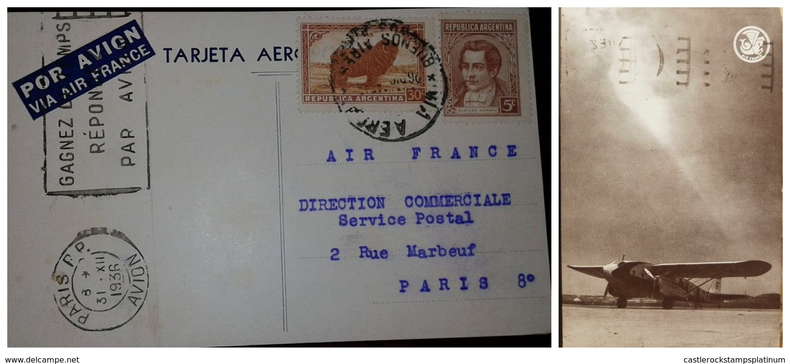 O) 1936 ARGENTINA, GAGNEZ -VIA AIR MAIL FRANCE, MORENO SCT 427 5c, WOOL MERINO SHEEP SCT 442 30c, TO PARIS, XF - Argentine