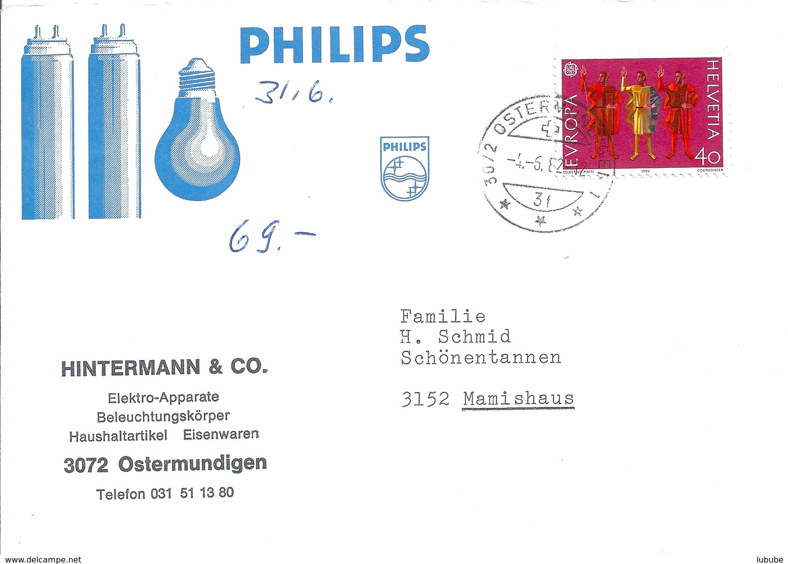 Motiv Brief  "Hintermann, Elektro Apparate, Ostermundigen" (Philips)        1982 - Lettres & Documents