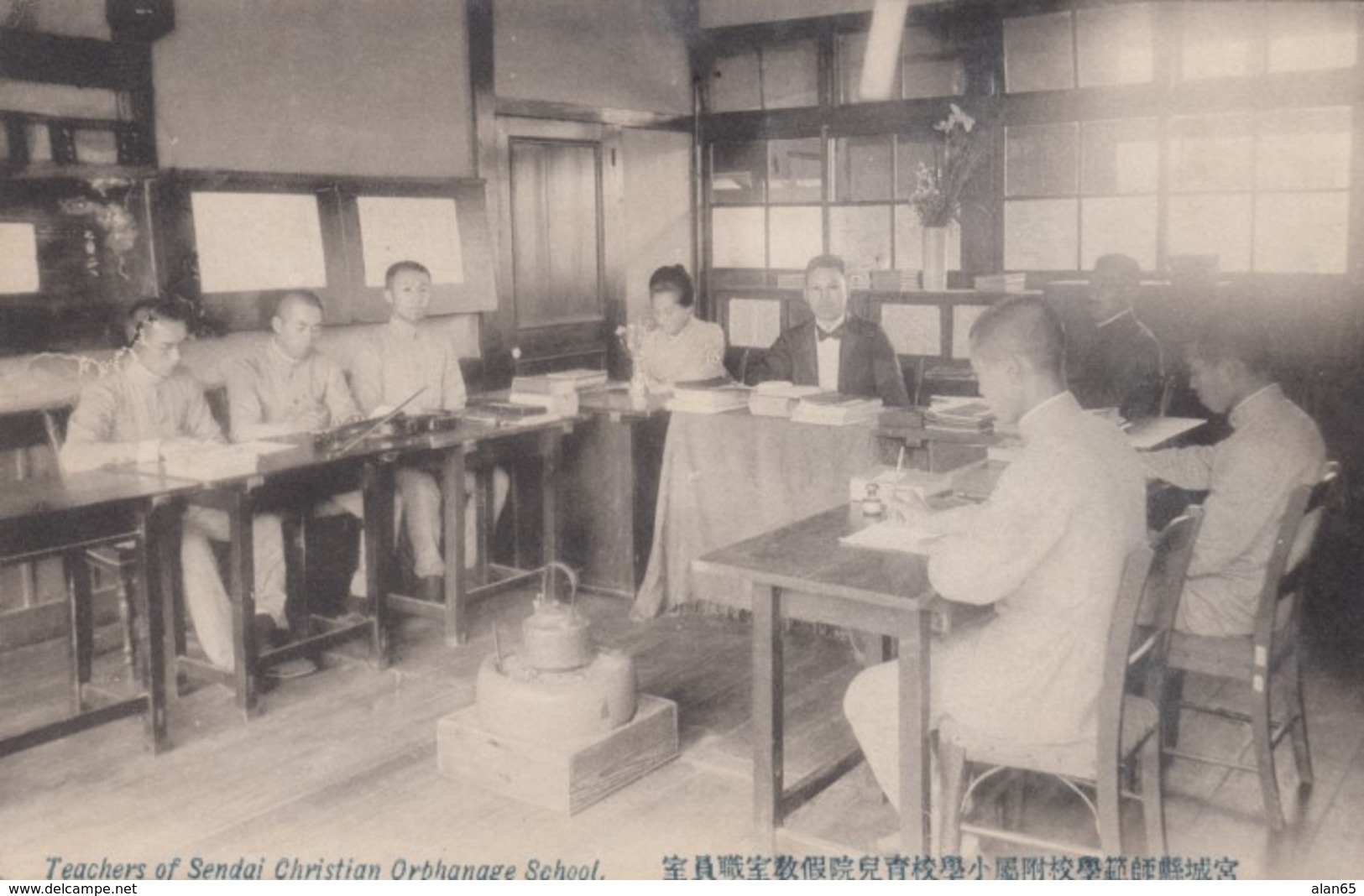 Sendai Japan, Teachers Of Sendai Christian Orphanage School, Men Sit And Write At Table, C1900s Vintage Postcard - Other & Unclassified