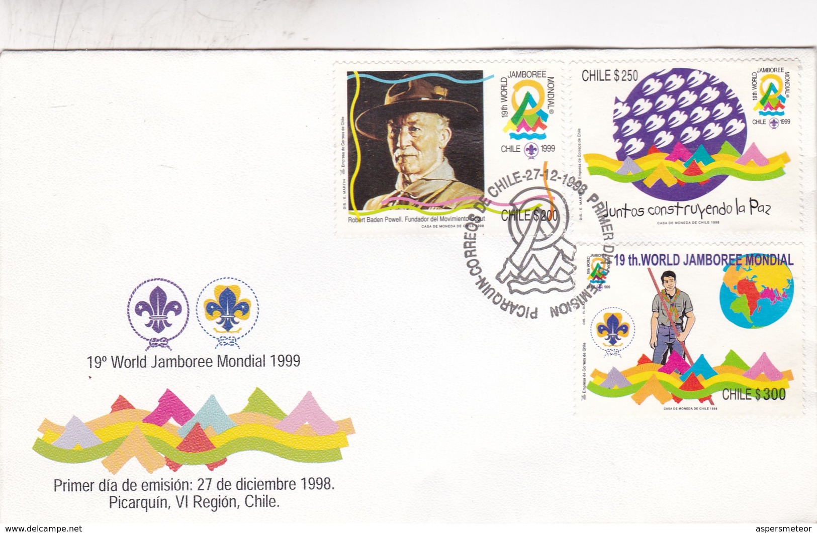 19° WORLD JAMBOREE MONDIAL 1999. FDC 1998 CHILE. 3 DIFFERENT STAMPS - BLEUP - Covers & Documents