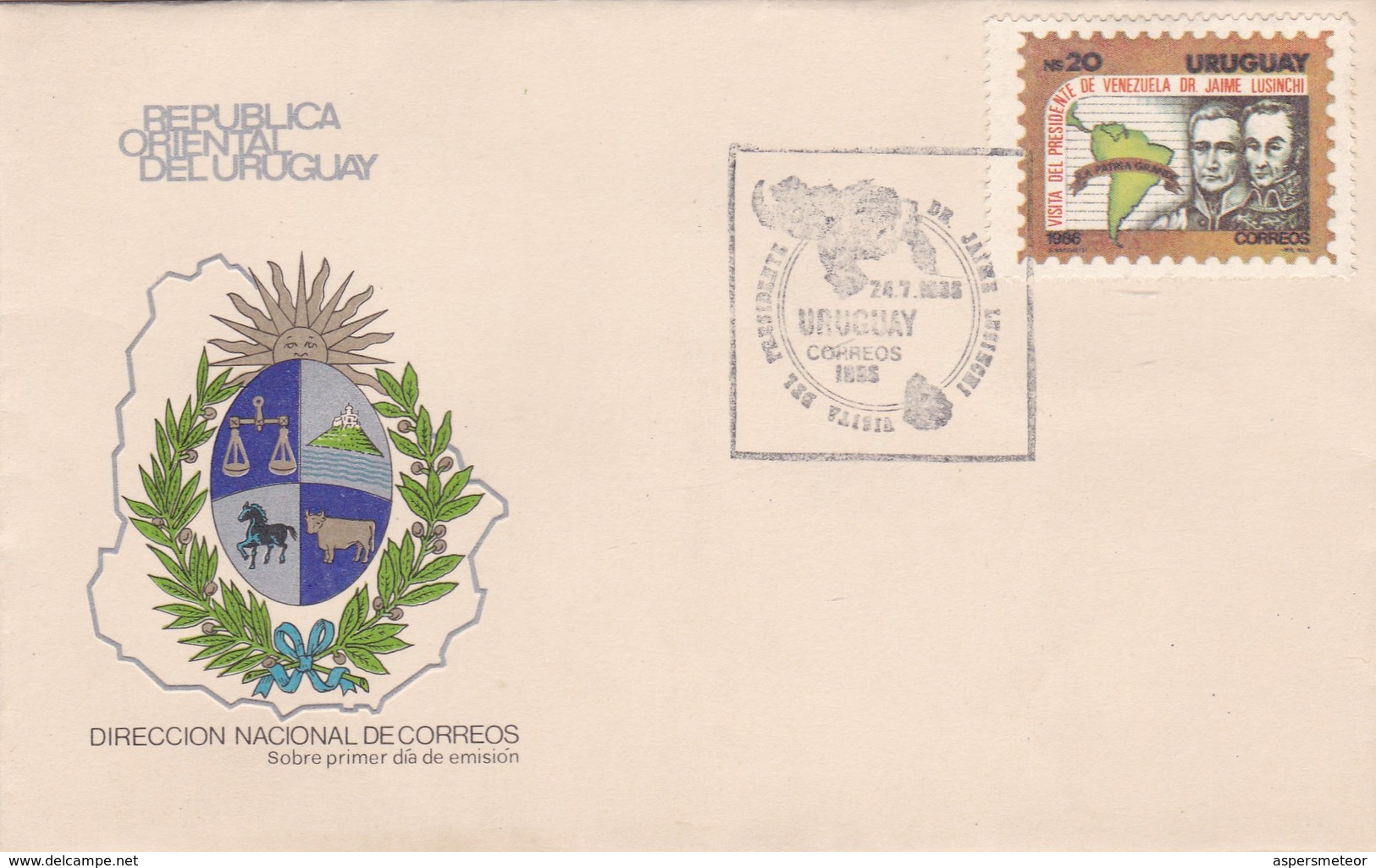 VISITA DEL PRESIDENTE DE VENEZUELA DR JAIME LUSINCHI-FDC 1986 CORREOS DEL URUGUAY- BLEUP - Uruguay