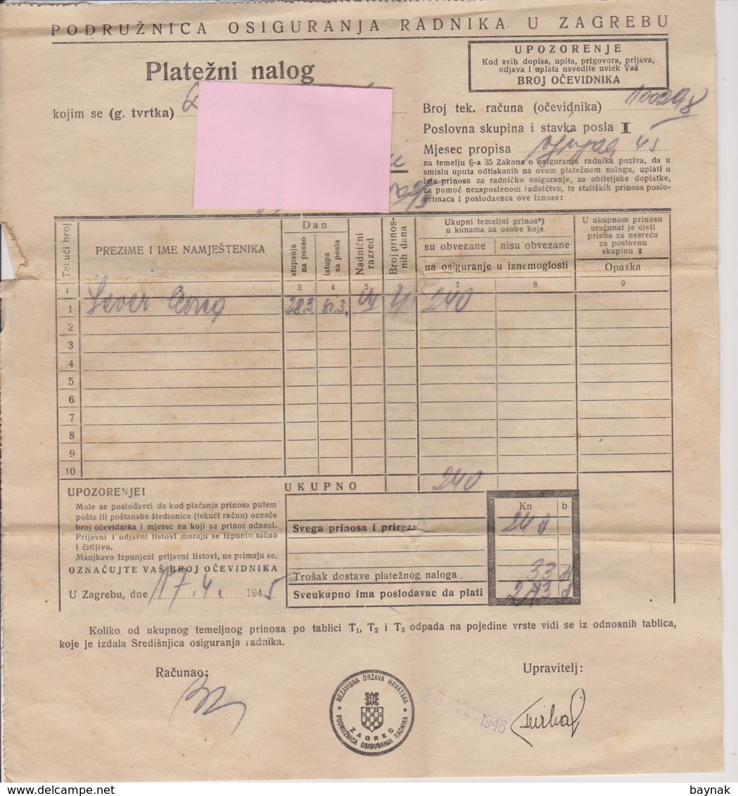 CROATIA  - KROATIEN   -  NDH,   NEZAVISNA DRZAVA HRVATSKA   ~  PLATEZNI NALOG  ~  PAYMENT ORDER, ZAHLUNGSAUFTRAG ~  1945 - Documenti Storici