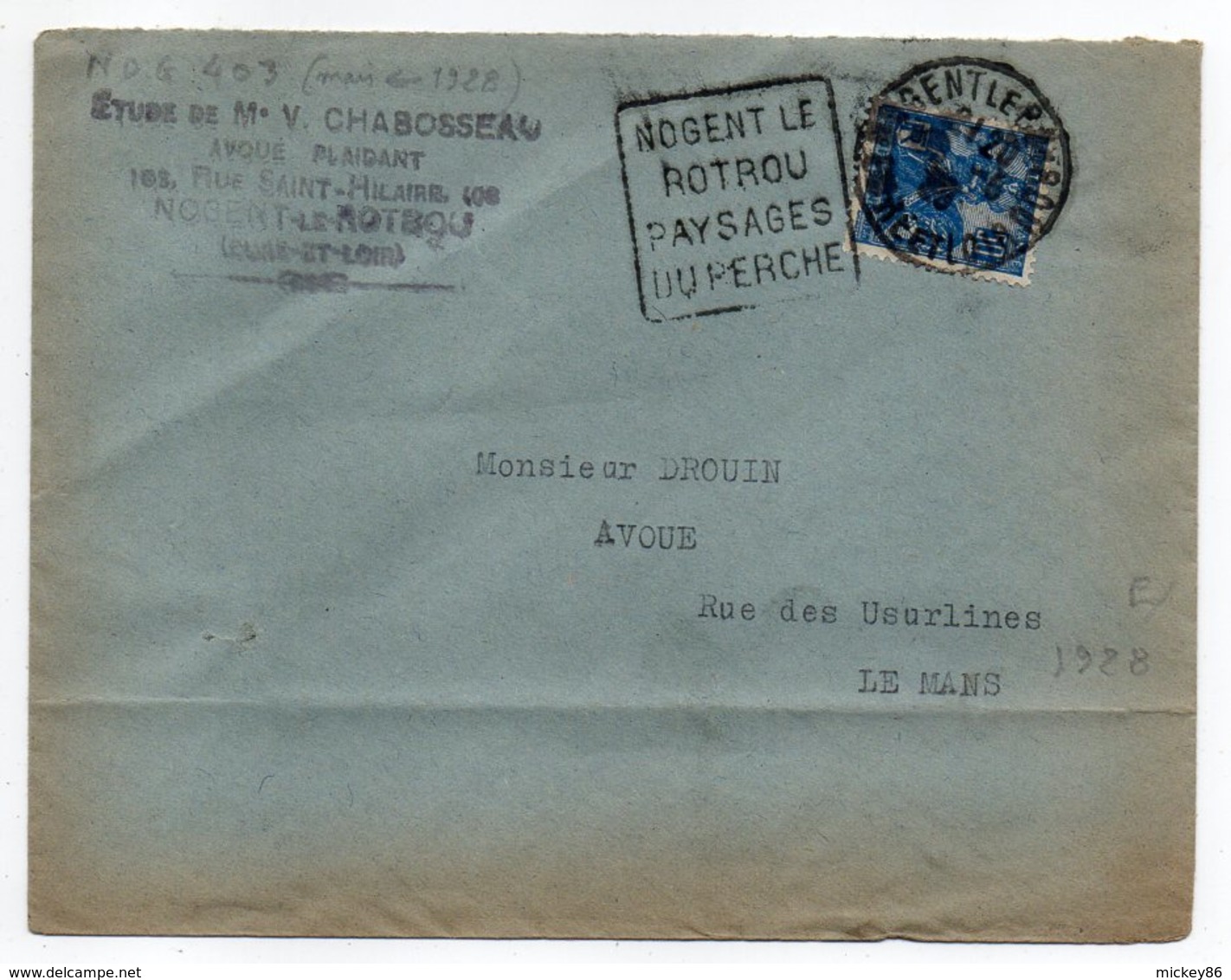 1928--Lettre NOGENT LE ROTROU-28 Pour LE MANS-72-Daguin" Pays Du Perche "-Type Jeanne D'Arc - 1921-1960: Période Moderne