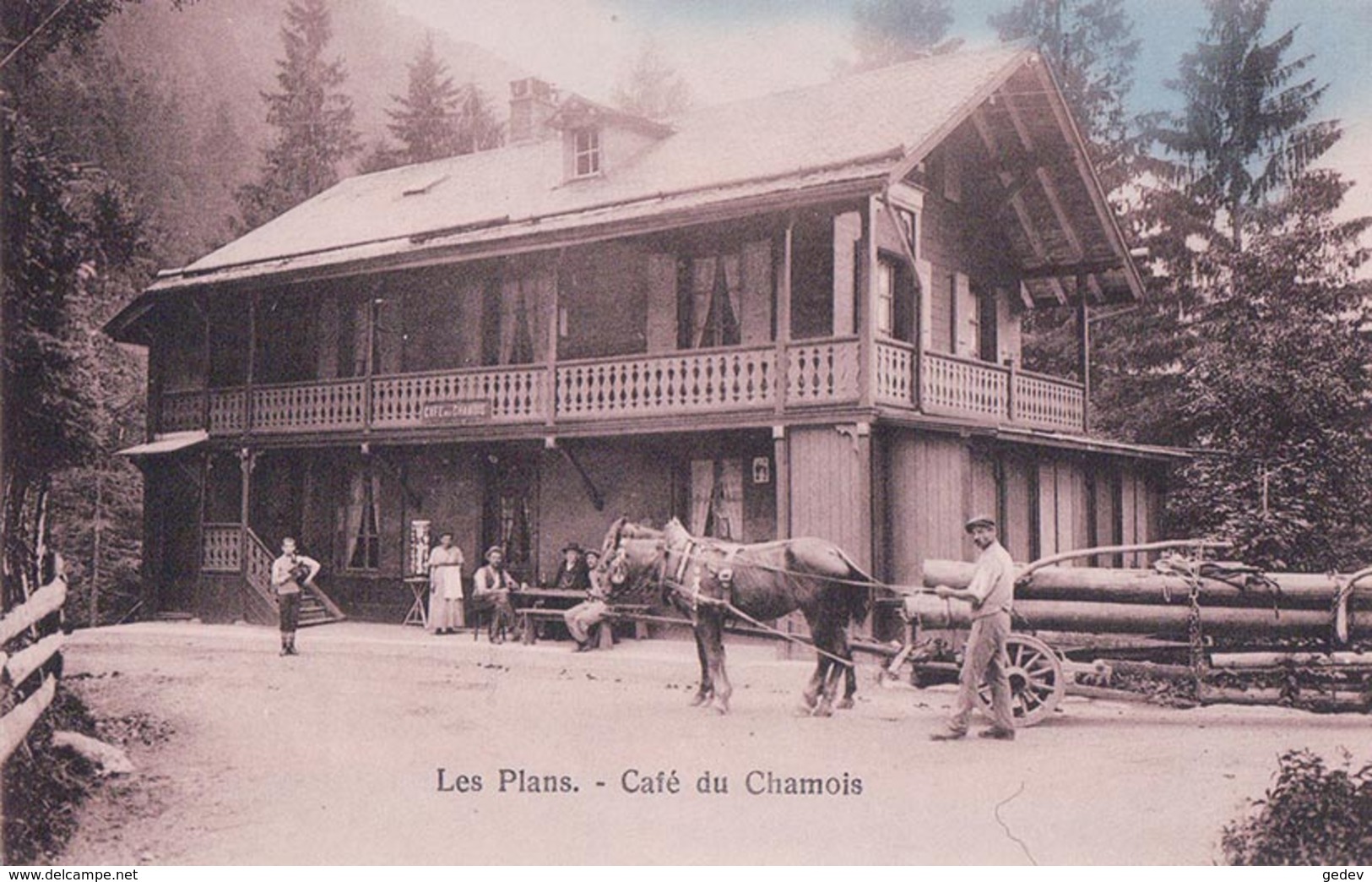 Les Plans Sur Bex, Café Du Chamois, Transport De Longs Bois, Attelage De 2 Chevaux (728) - Bex