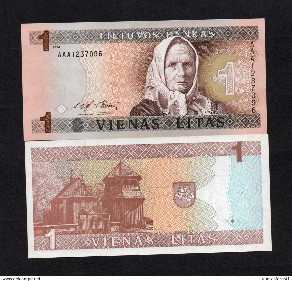 1994 AAA1237096 LITUANIE, LITUAN, LITHUANIA VIENAS LITAS UNC Very Early Printing . Image Mrs J. ŽEMAITĖ - Lituanie