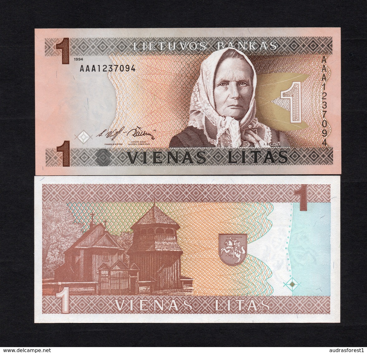 1994 AAA1237094 LITUANIE, LITUAN, LITHUANIA VIENAS LITAS UNC Very Early Printing . Image Mrs J. ŽEMAITĖ - Lituanie