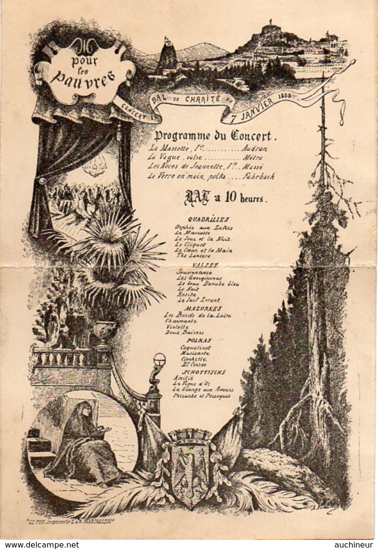 Programme Bal De Charité Pour Les Pauvres, Concert 7 Janvier 1888 (gravure A Ducha...? éditeur Marchessou, Le Puy (13x18 - Programmes