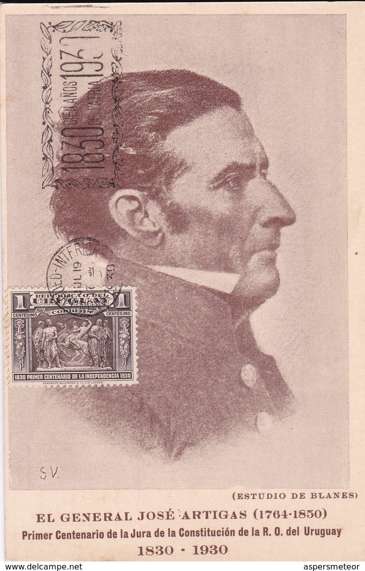 HOMENAJE Y RECUERDO DEL CENTENARIO 1830-1930 GENERAL JOSE DE ARTIGAS(ESTUDIO BLANES). TIMBRE 1 CTS GRIS, OBLITERE- BLEUP - Uruguay