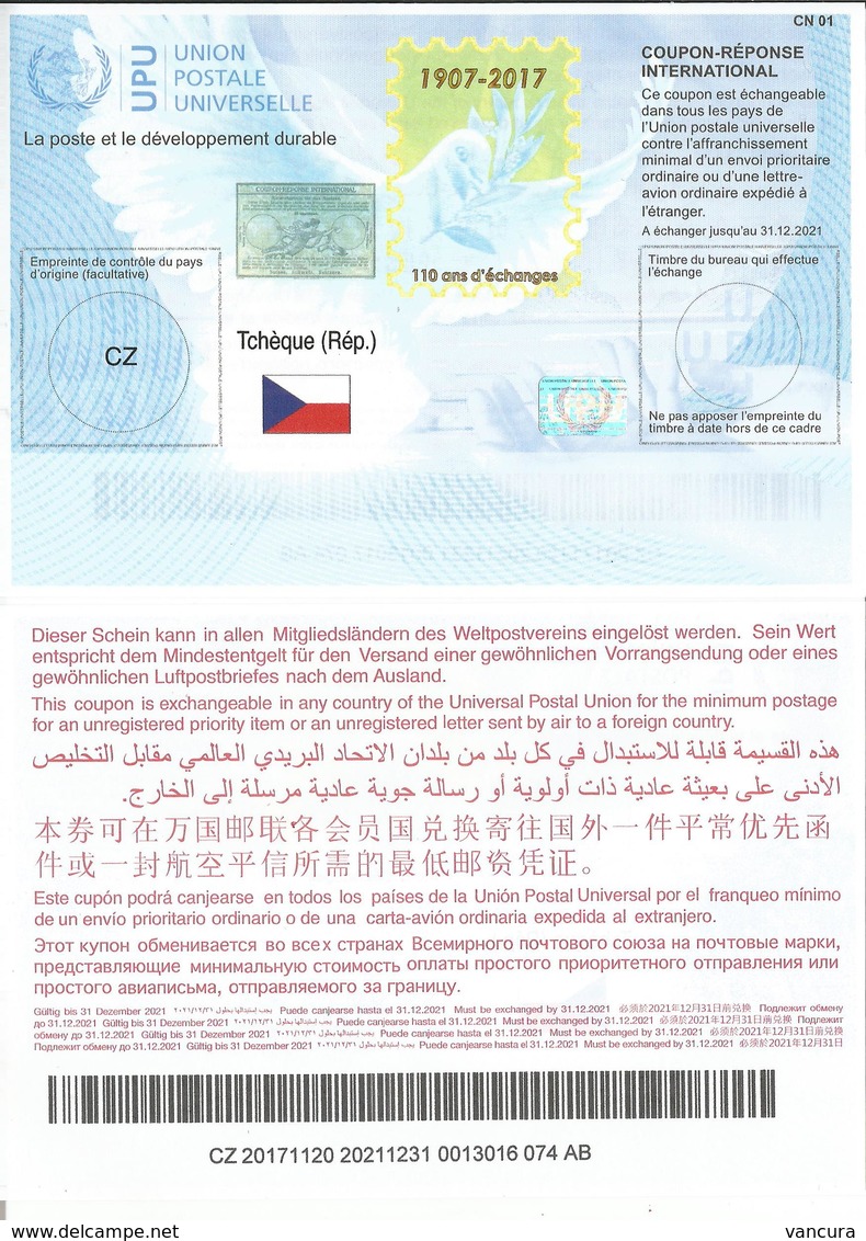 Czech Republic International Reply Coupon IRC 2017 ISTANBUL ICR IRC CRI Hologram 110 Years - Posta