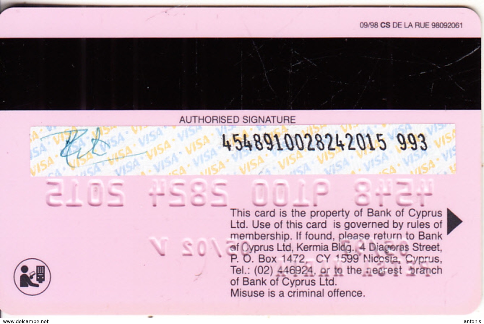 CYPRUS - Direct, Bank Of Cyprus Visa(silver Letters, Reverse De La Rue), 09/98, Used - Cartes De Crédit (expiration Min. 10 Ans)