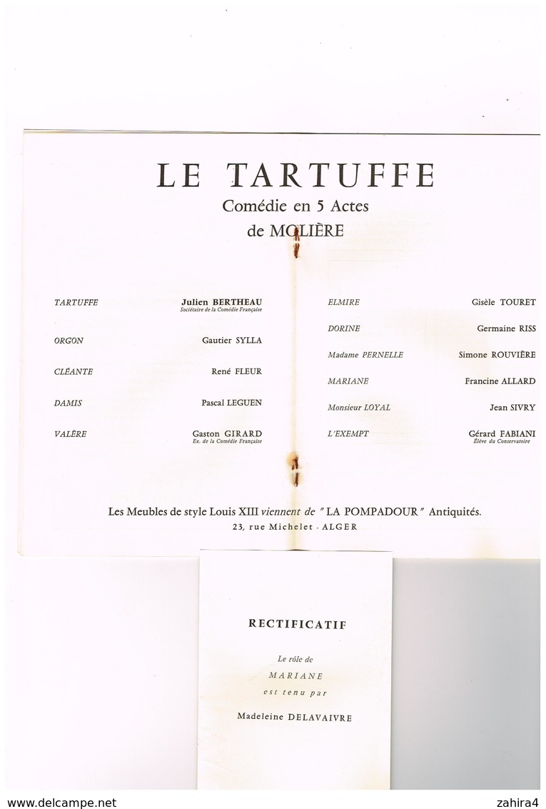 CRAD D'Algérie - Centre Régional D'art Dramatique - Julien Bertheau Comédie Française Sa Compagnie Tartuffe Molière - Programmes