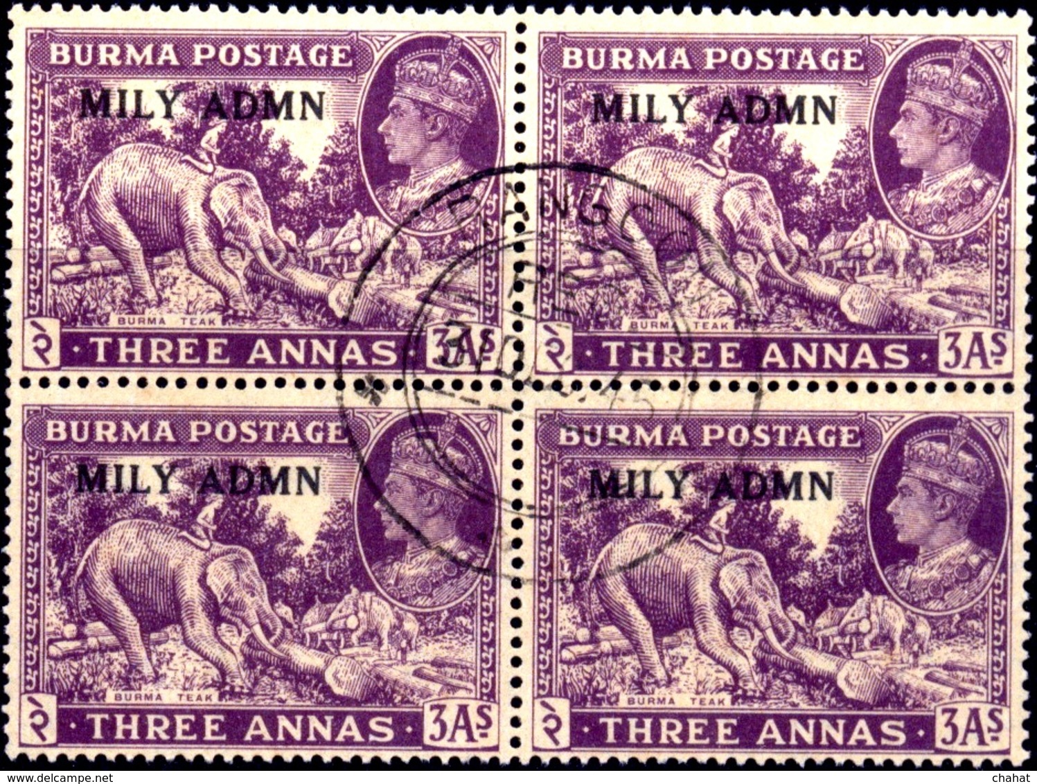 WILD LIFE-ELEPHANTS-KG-VI-OVPT-MILITARY ADMINISTRATION-BURMA-BLOCK OF 4-FINE USED-EXTREMELY SCARE-SCARCE-B3-871 - Myanmar (Birmanie 1948-...)