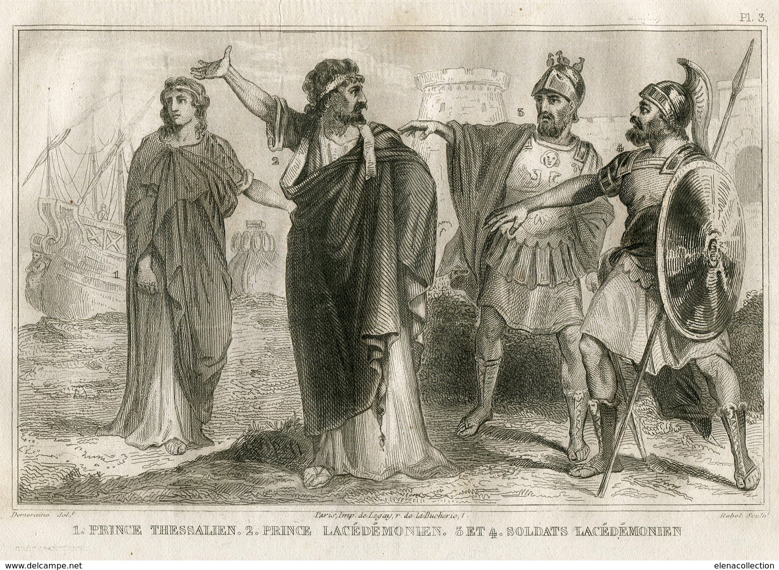 Ancient Greece Sparta Lakedemon King Spartans Ship Fashion Costume Clothing Antique Engraving 1859 - Estampes & Gravures