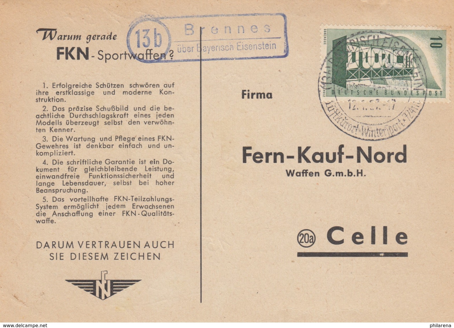 Postkarte 1957, Brennes über Bayerisch Eisenstein Nach Celle - Other & Unclassified