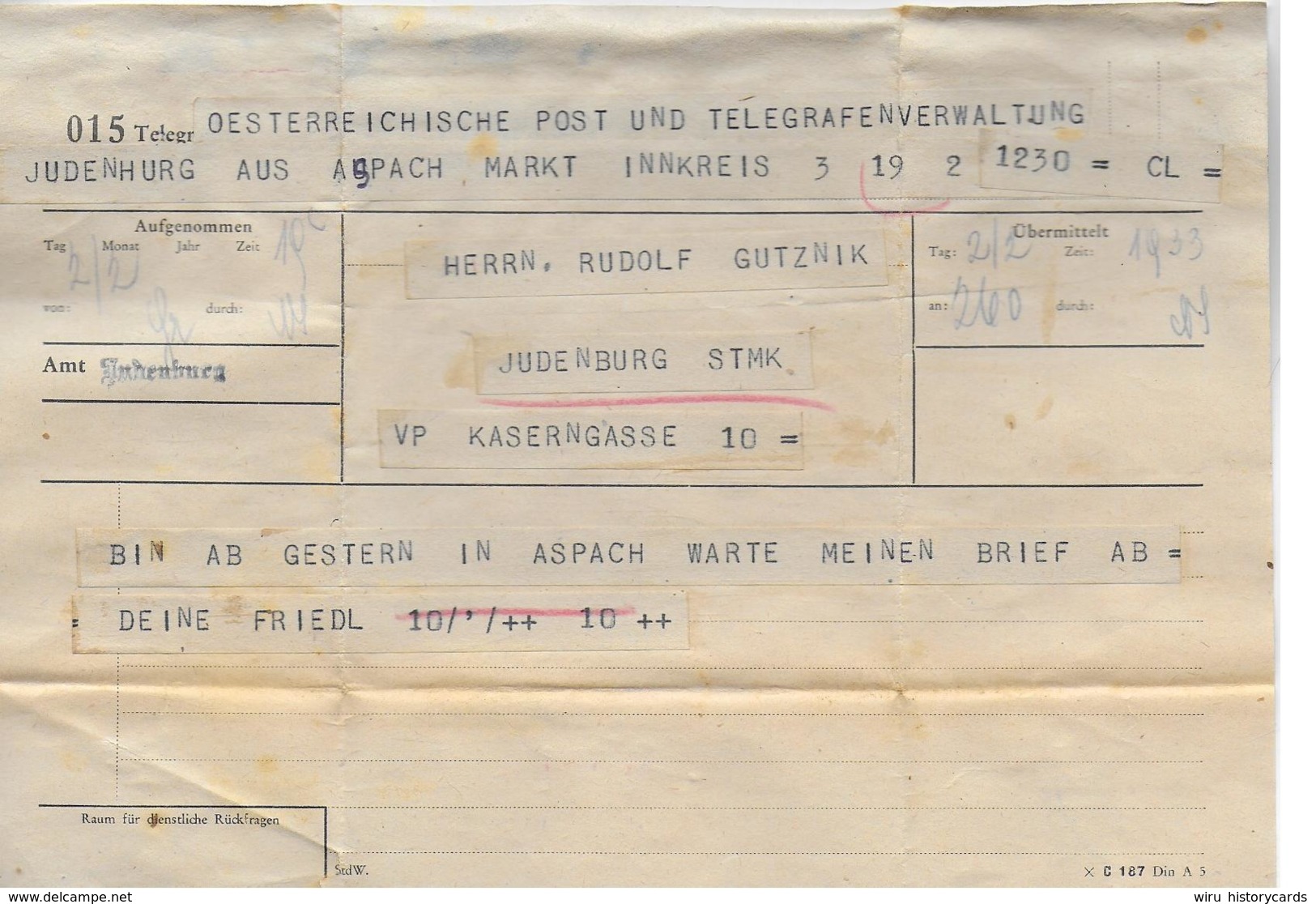 WZ L 1  Telegramm Aus Aspach Nach Judenburg Am 2. 2. 1933 - Briefe U. Dokumente