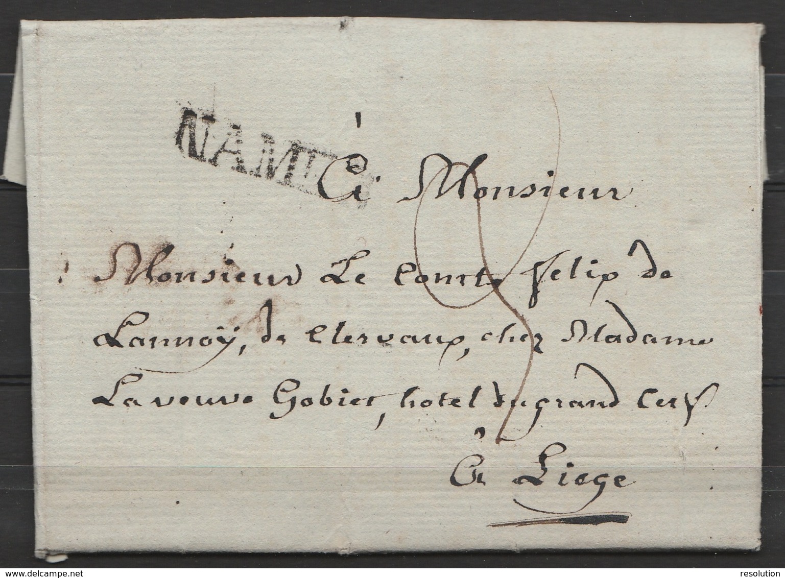 L. Datée 11 Mars 1824 De NAMUR Pour Comte Félix De Launoy à LIEGE - Griffe "NAMUR" - Port "3" - 1815-1830 (Dutch Period)