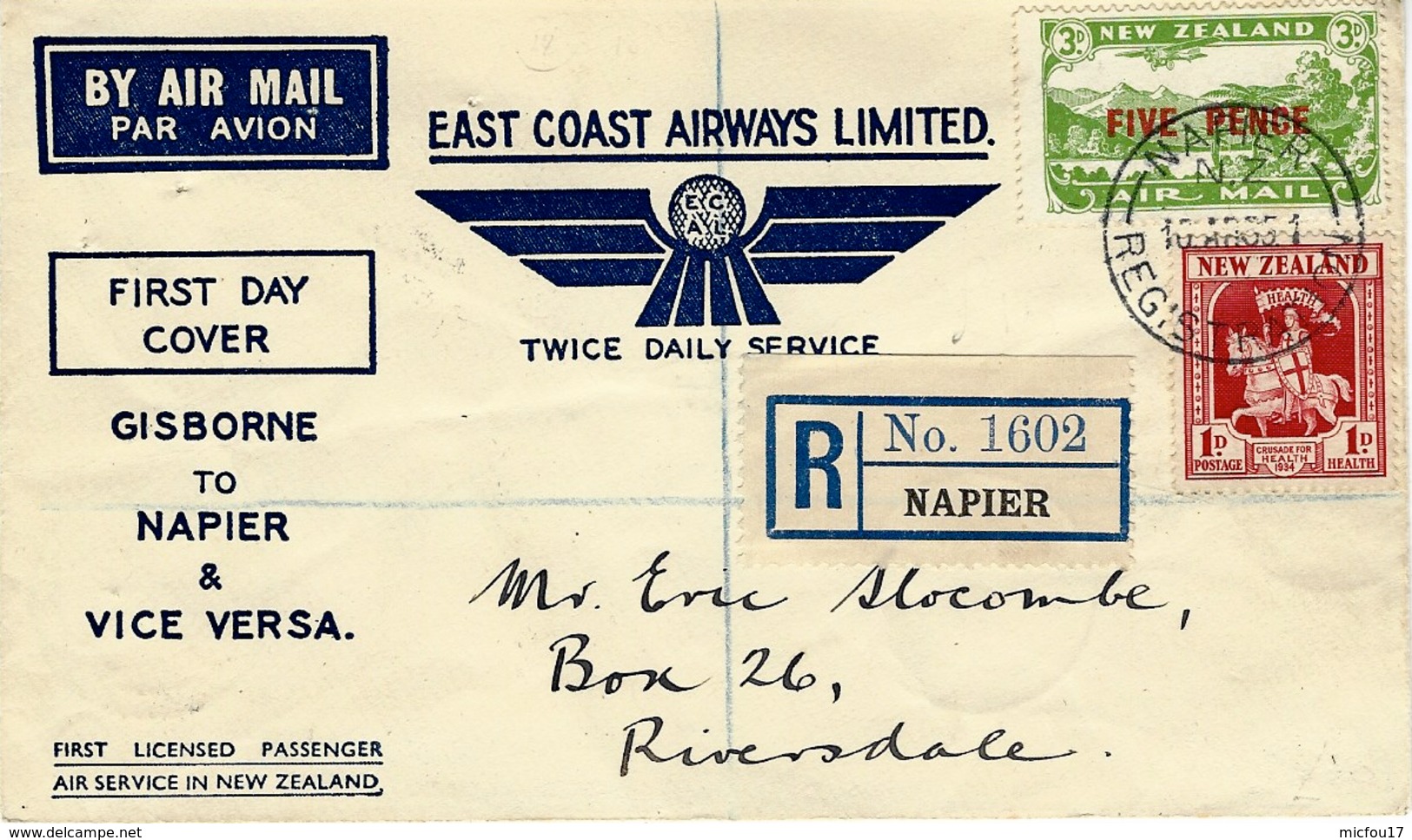 1935 - First Day Cover NAPIER - GISBORNE  Fr.4 D  With Y & T N° 4 Air Mail - Luchtpost