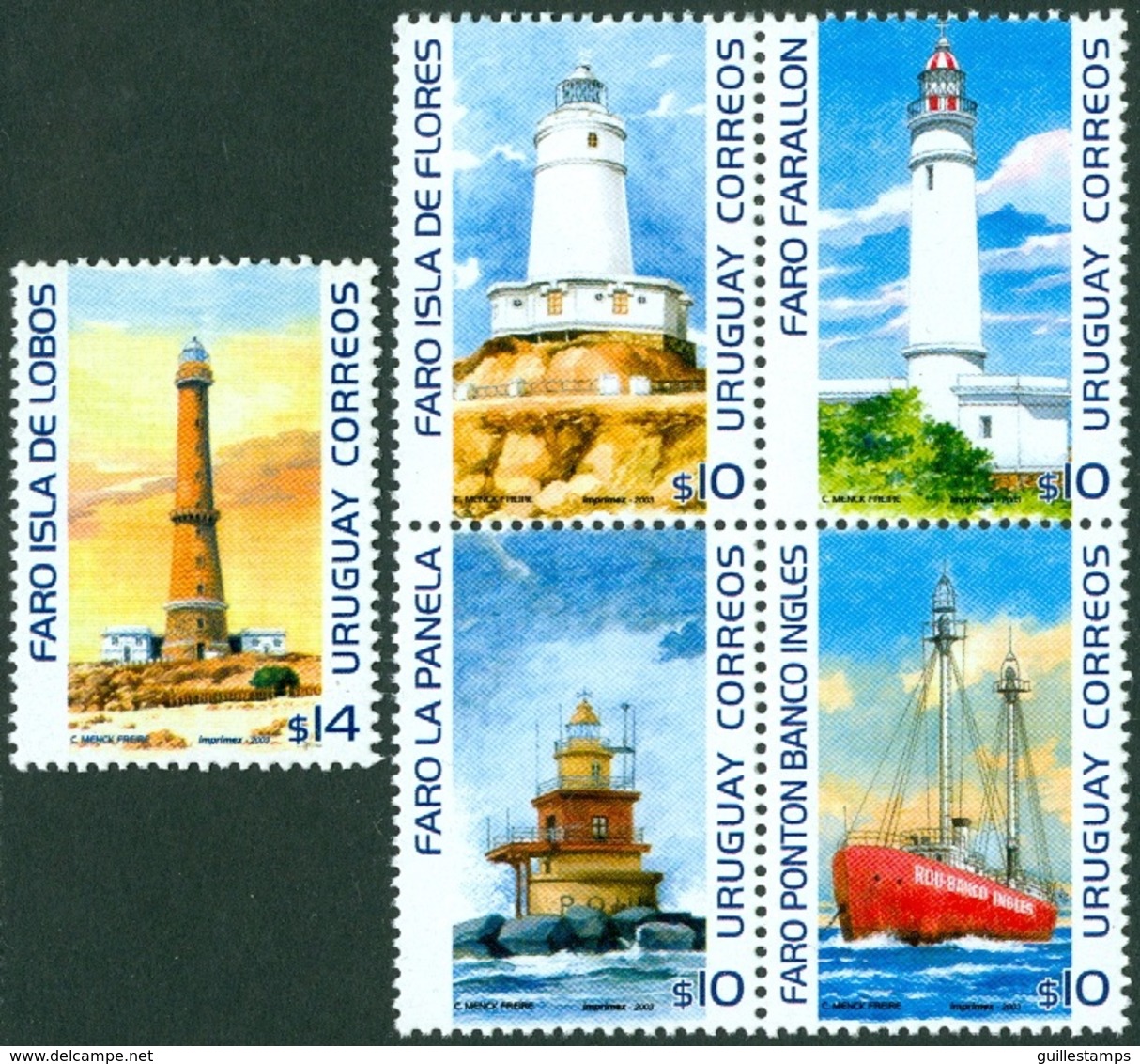 URUGUAY 2004 LIGHTHOUSES SET, SINGLE AND BLOCK OF 4** (MNH) - Uruguay