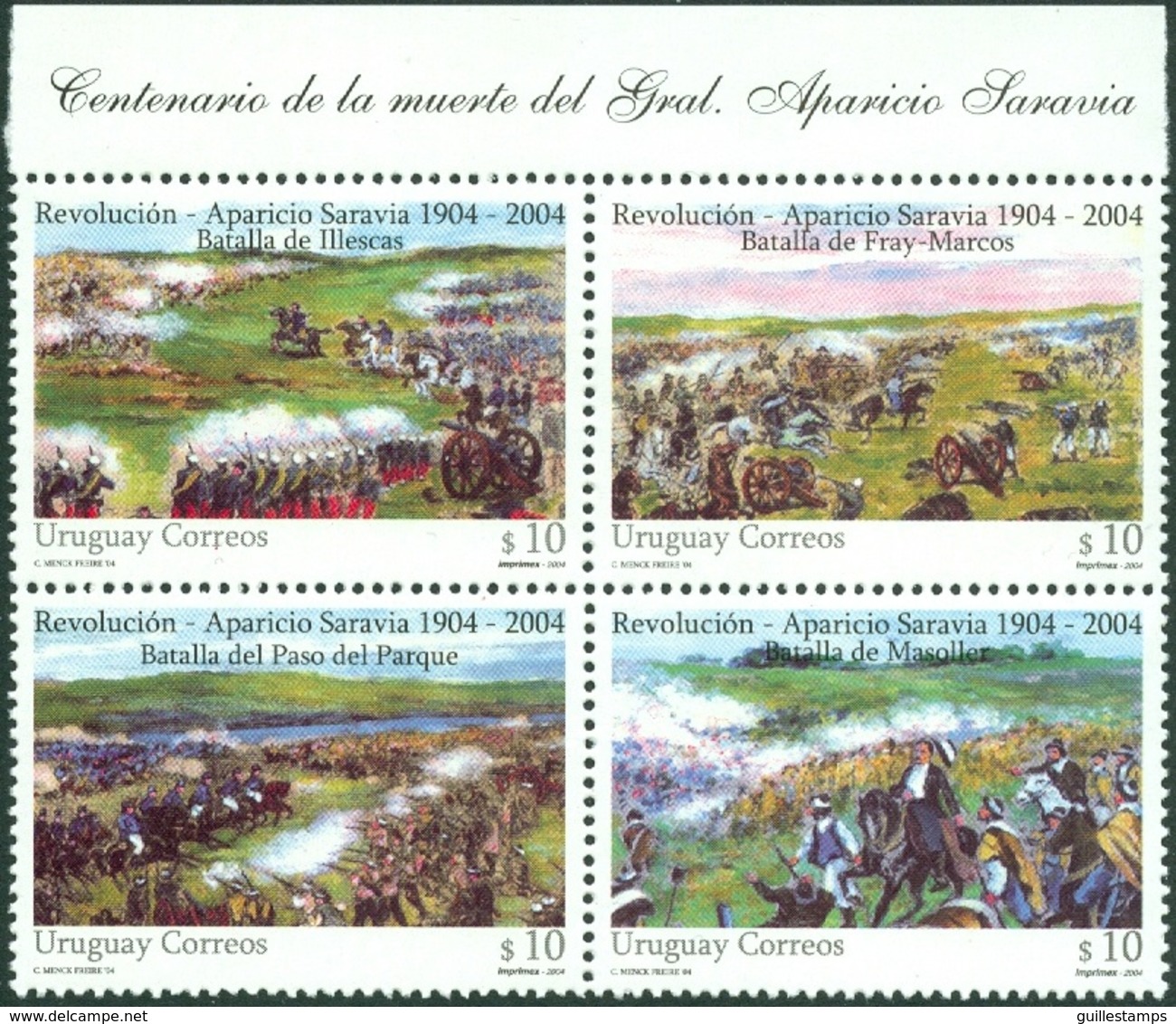 URUGUAY 2004 REVOLUTION CENTENARY BLOCK OF 4, BATTLES OF 1904** (MNH) - Uruguay