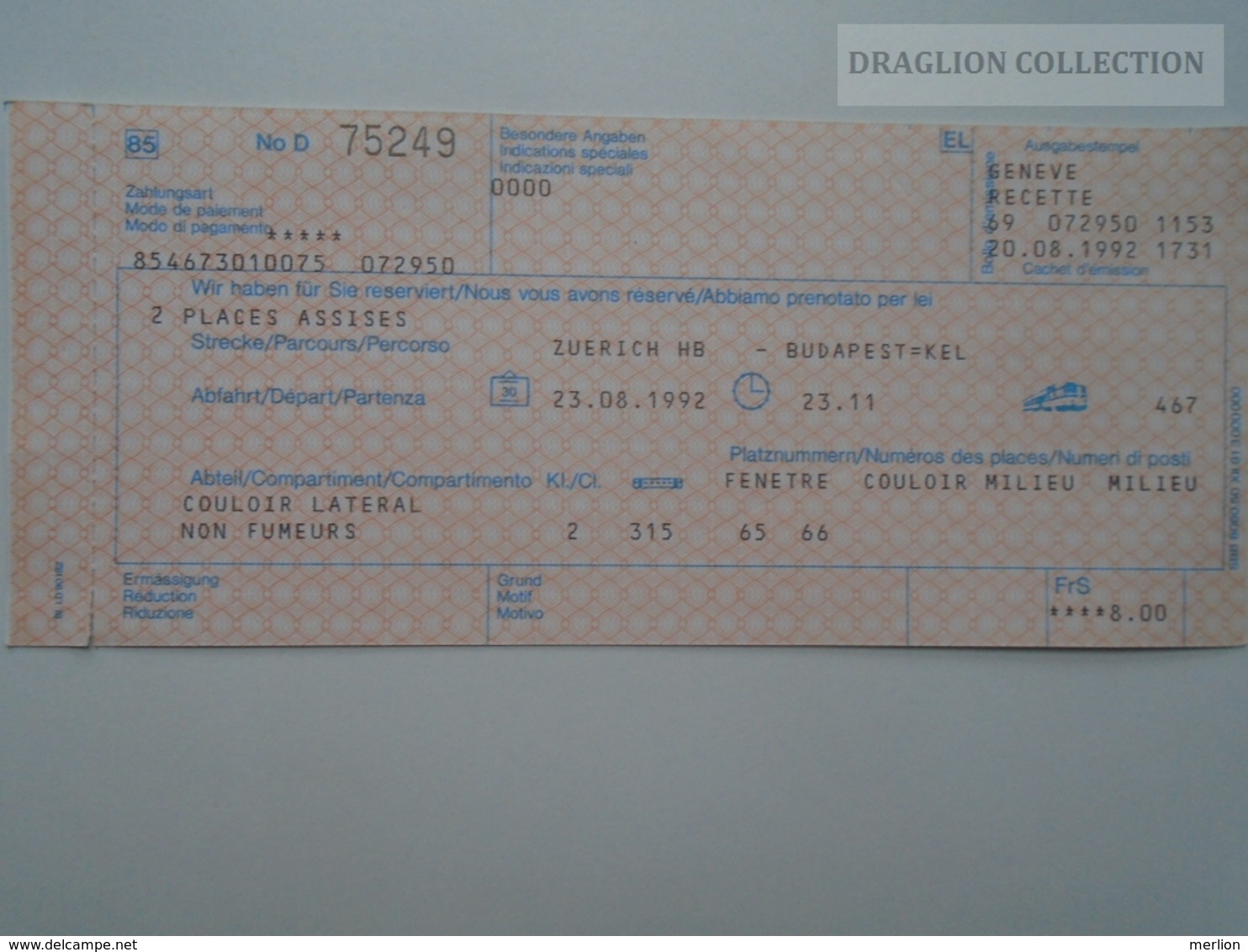 ZA159.6 Railway Ticket -Train  Zürich - Budapest - Switzerland Hungary 1992 -Sitzplätze  Seating Places Assises - Autres & Non Classés