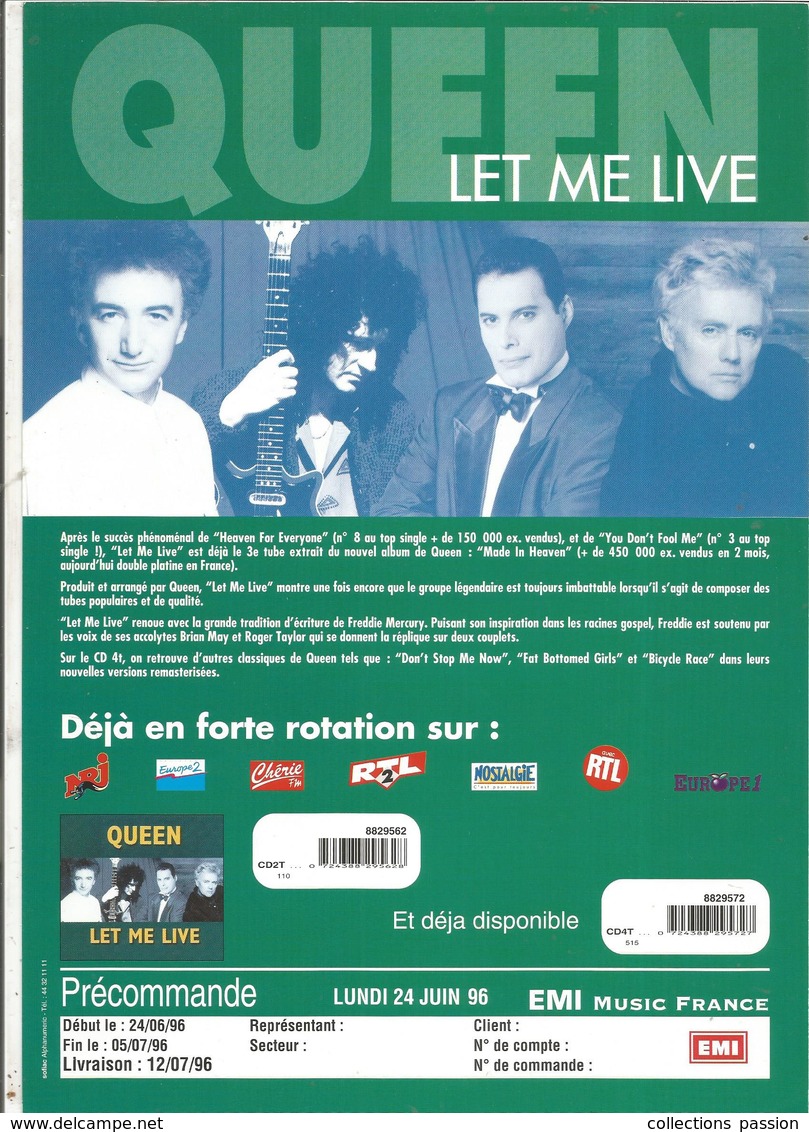 Publicité , Revendeur Musique , QUEEN , LET ME LIVE , 1996 ,frais Fr 1.55 E - Publicités