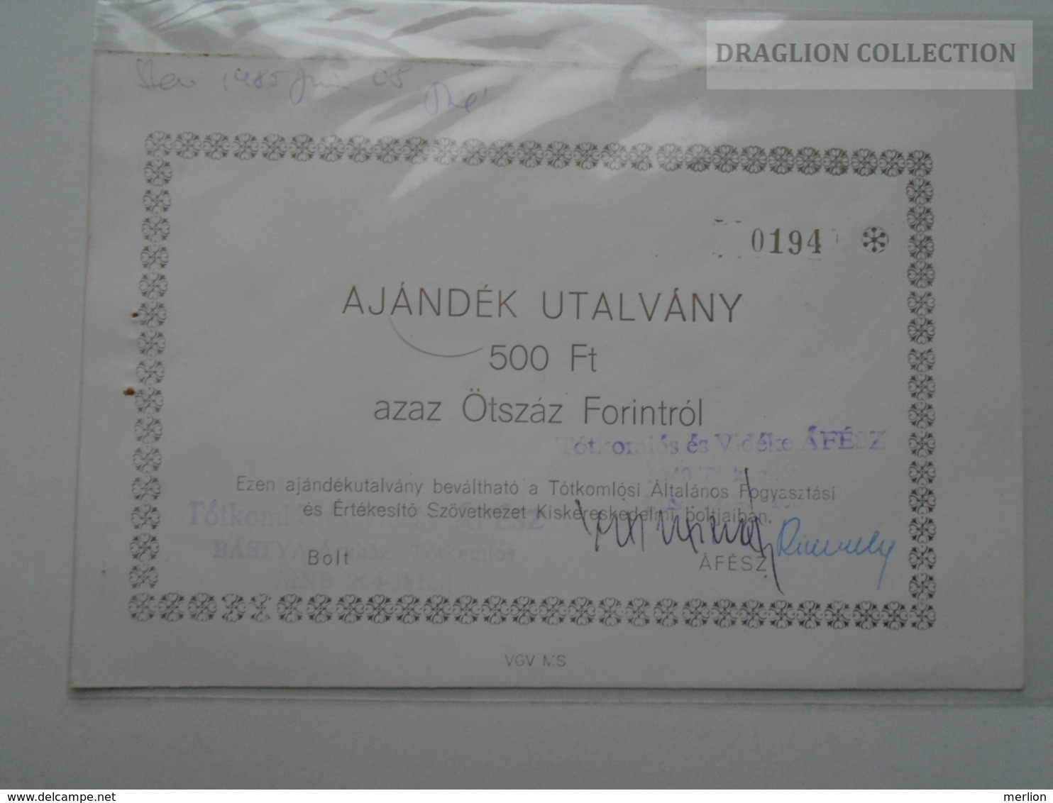 ZA159.11 Hungary Gift Certificate 500 Ft Tótkomlós 1985  RARE - Chèques & Chèques De Voyage