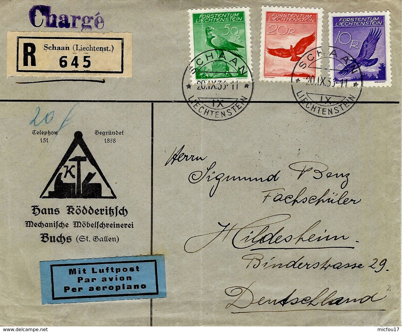 20 IX 35 -reg. Envelopp . From SCHAAN To Hildesheim ( Deutschland ) Fr. 80 R - Poste Aérienne