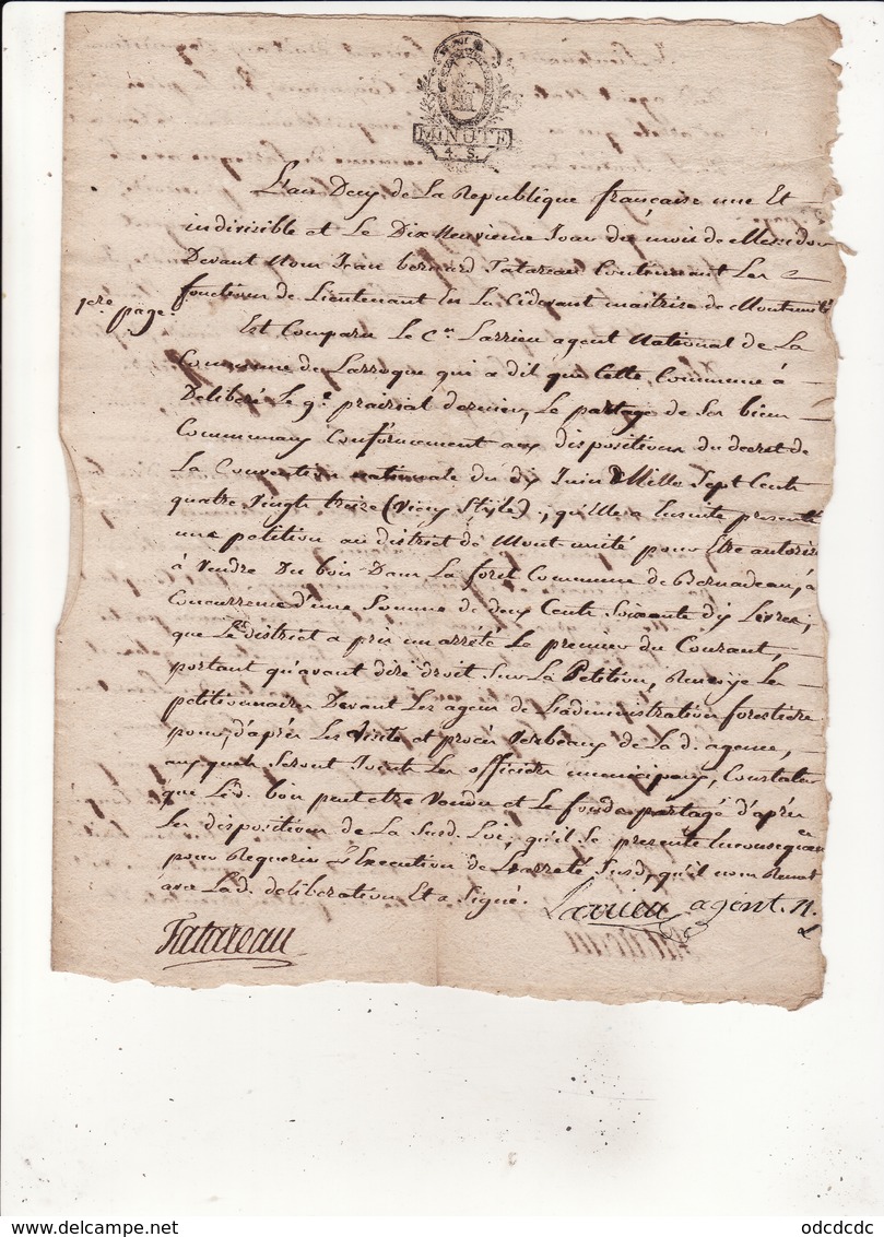 Minute An 2 De La Republique 19 Messidor  Eaux Et Forets Concerne La Commune De Larroque 4 Scans - Cachets Généralité