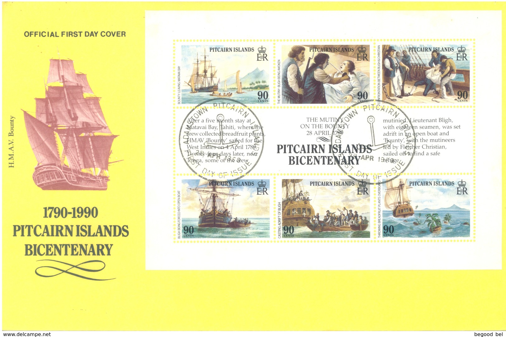 PITCAIRN - 28.4.1989 - FDC - BICENTENARY MUTINY OF THE BOUNTY - Yv 323-328 - Lot 18868 - Pitcairn