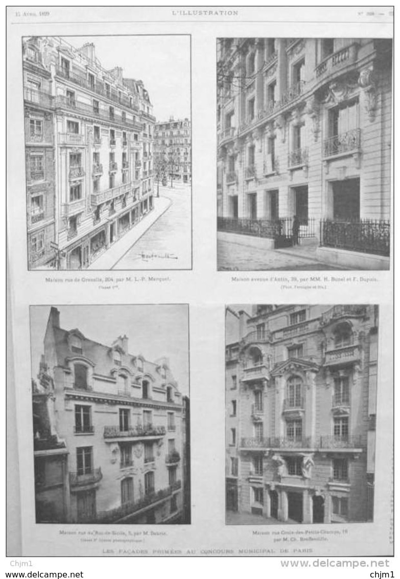 Les Facades Primées Au Concours Municipal à Paris - Maison Rue De Grenelle - Avenue D'Antin  - Page Original 1899 - Documents Historiques