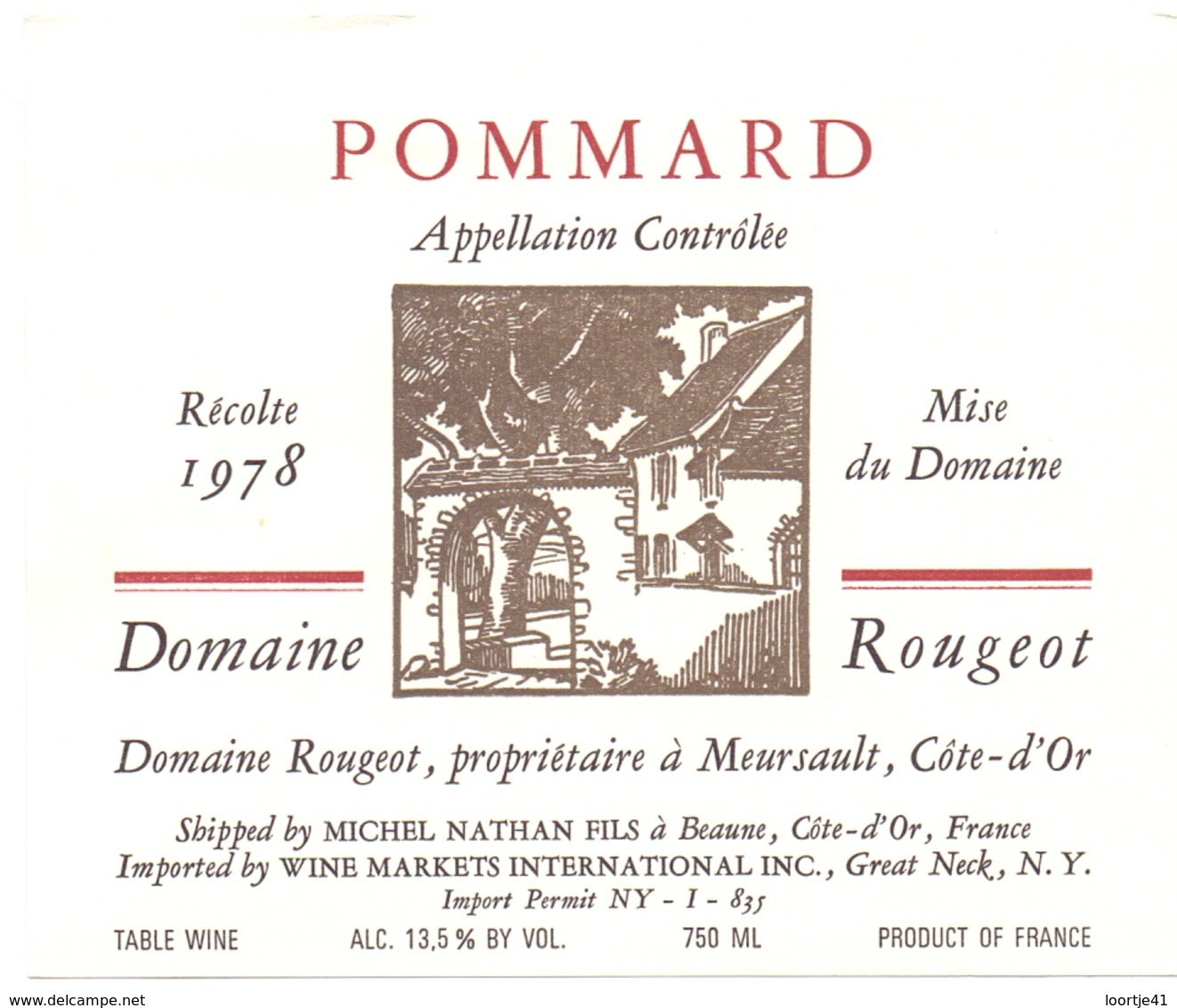 Etiket Etiquette - Vin - Wijn - Bourgogne - Pommard - Domaine Rougeot - 1978 - Bourgogne