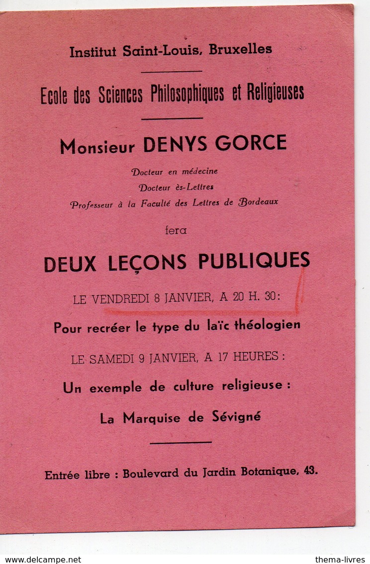 Bruxelles(Belgique) Deux Leçons Publiques Par Mr Denys Gorce 1936 (PPP16793) - Programmes