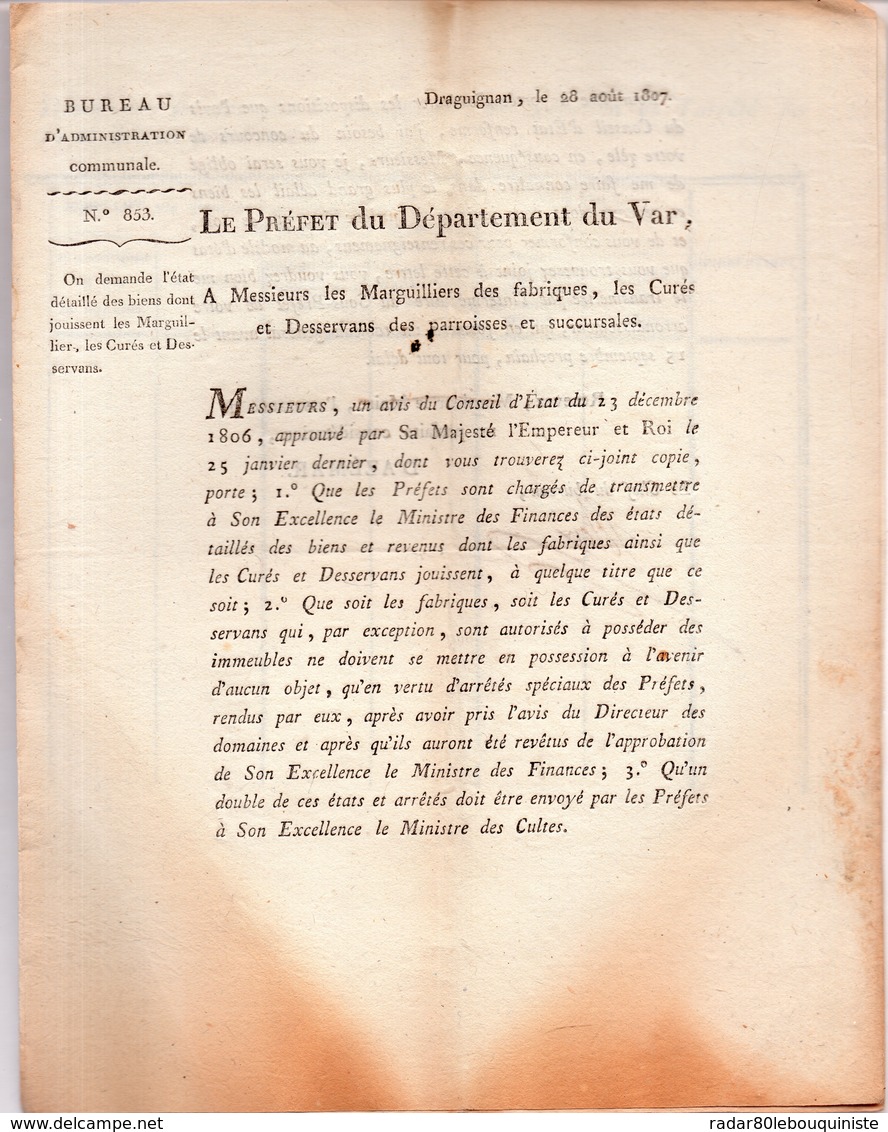 Draguignan, Le 28 Août 1807.Le Préfet Du Département Du VAR à Messieurs Les Marguilliers.3 Pages. - Documents Historiques