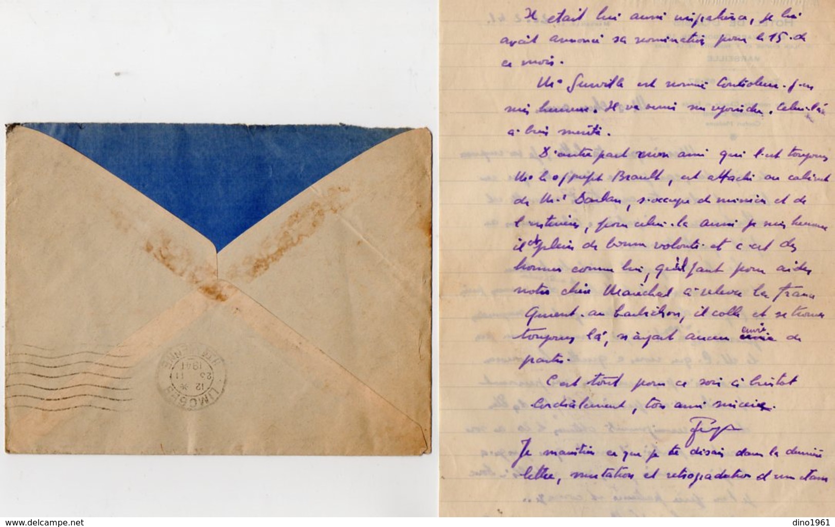VP14.248 - 1941 - Guerre 39 / 45 - Lettre De Mr JEANJEAN Hotel De L'Oasis à MARSEILLE Pour Mr DORME à LIMOGES - Manuscrits