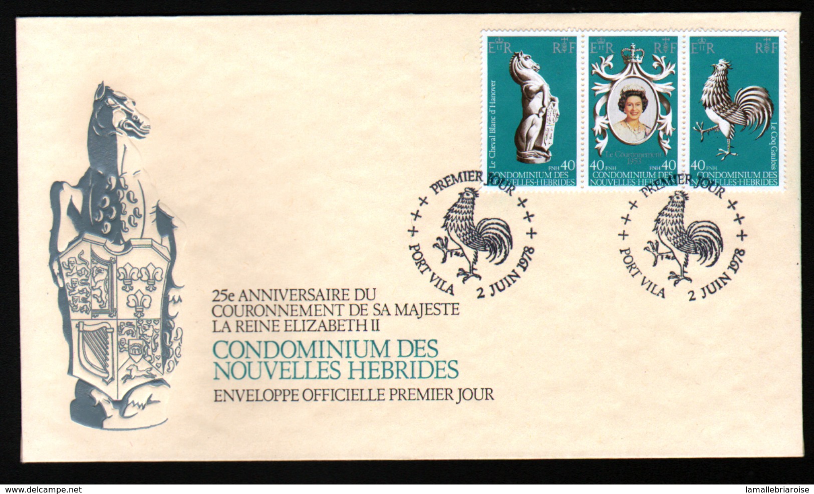 New, Nouvelles Hebrides,25e Anniversaire Du Couronnement De Sa Masjesté La Reine Elisabeth II, Oblitération Coq - FDC