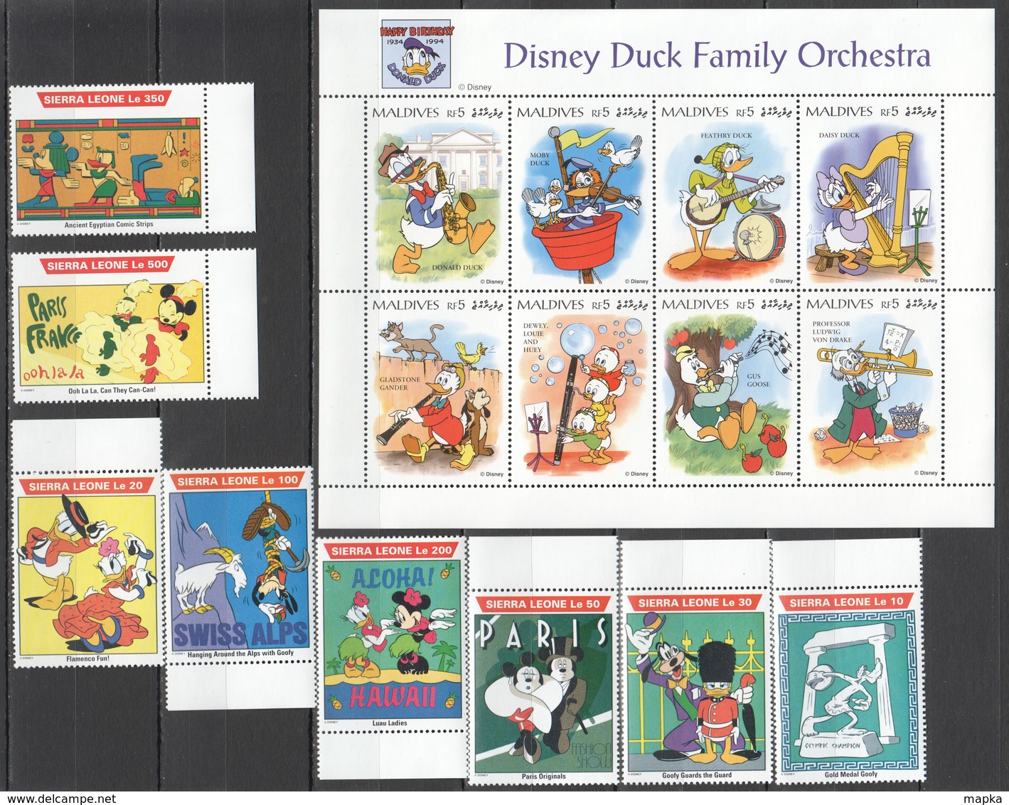 D155 MALDIVES SIERRA LEONE DISNEY FAMILY ORCHESTRA TRAVEL 1SET+1KB MNH - Disney