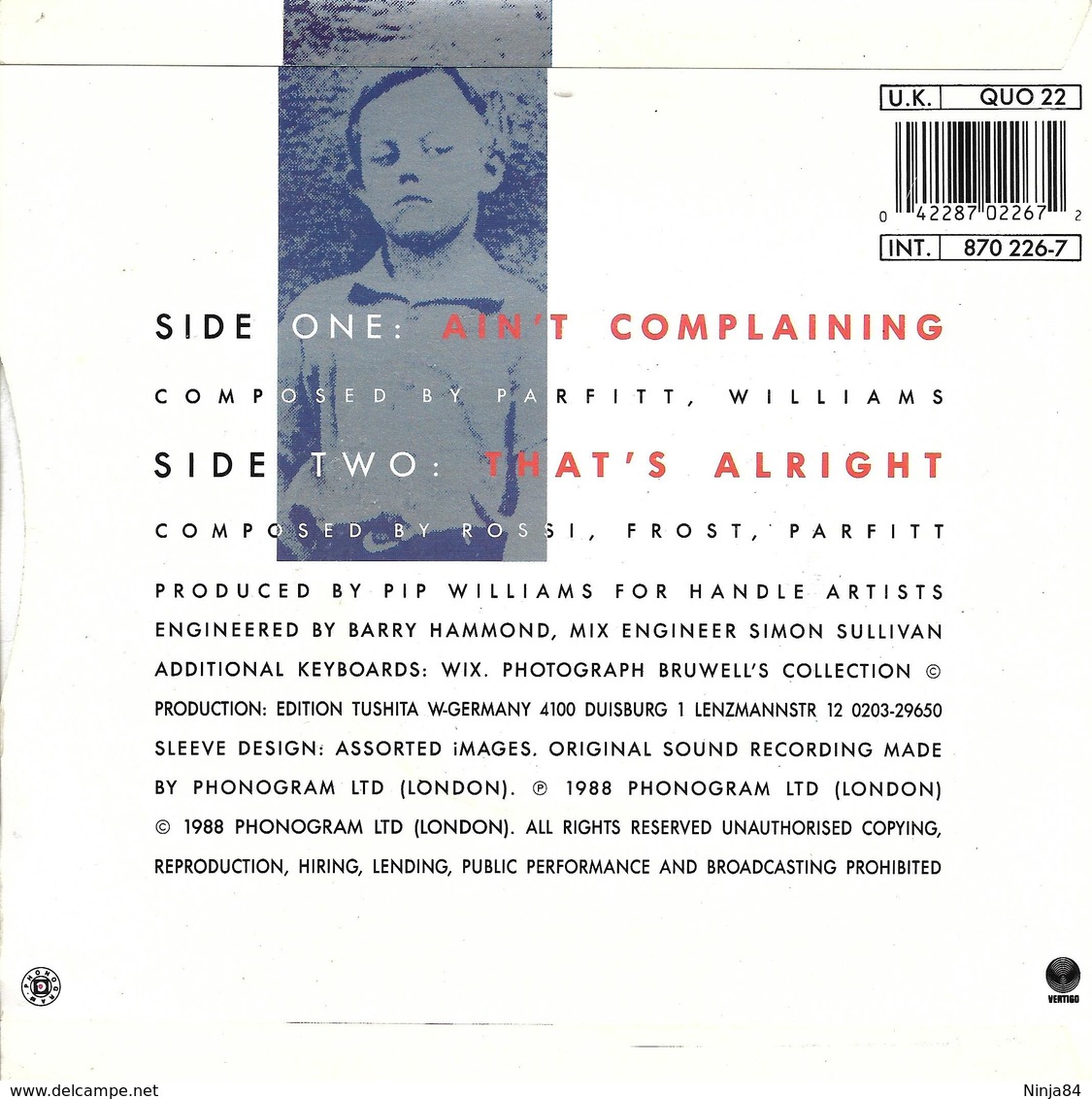 SP 45 RPM (7")   Status Quo  "  Ain't Complaining  "  Angleterre - Rock