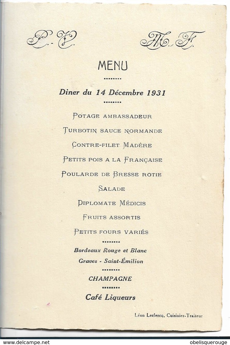 MENU DOUBLE PAGE MARIAGE 1931 TOP TOP TABLEAU ANCIEN - Menu